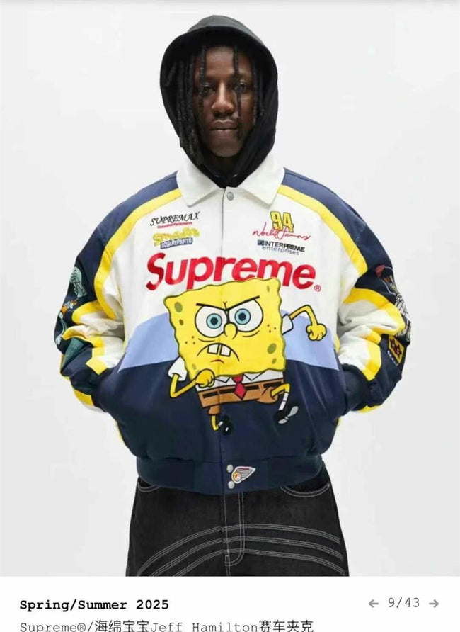 Supreme x SpongeBob SquarePants Graphic Navy & Yellow Bomber Jacket Hover Image