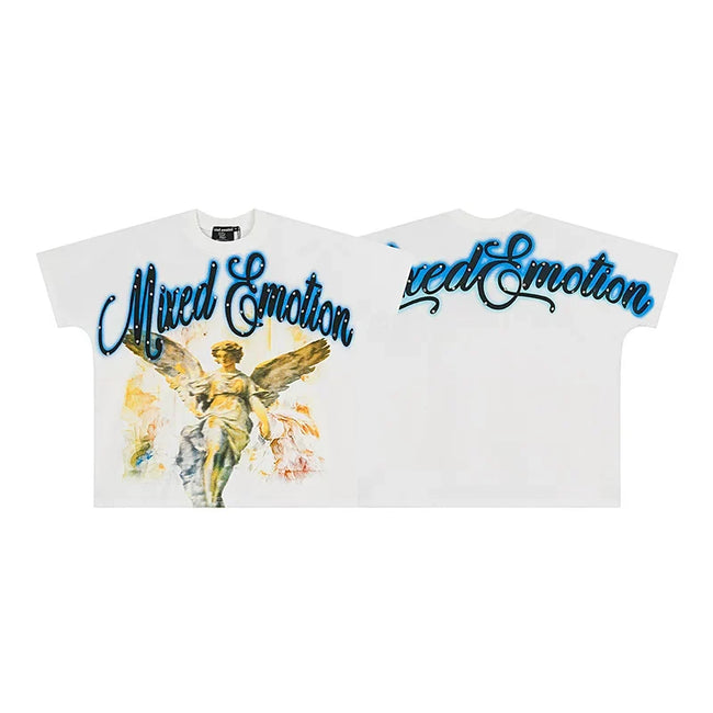 Mixed Emotion White Tee – Gradient Logo Angel Statue Print Hover Image