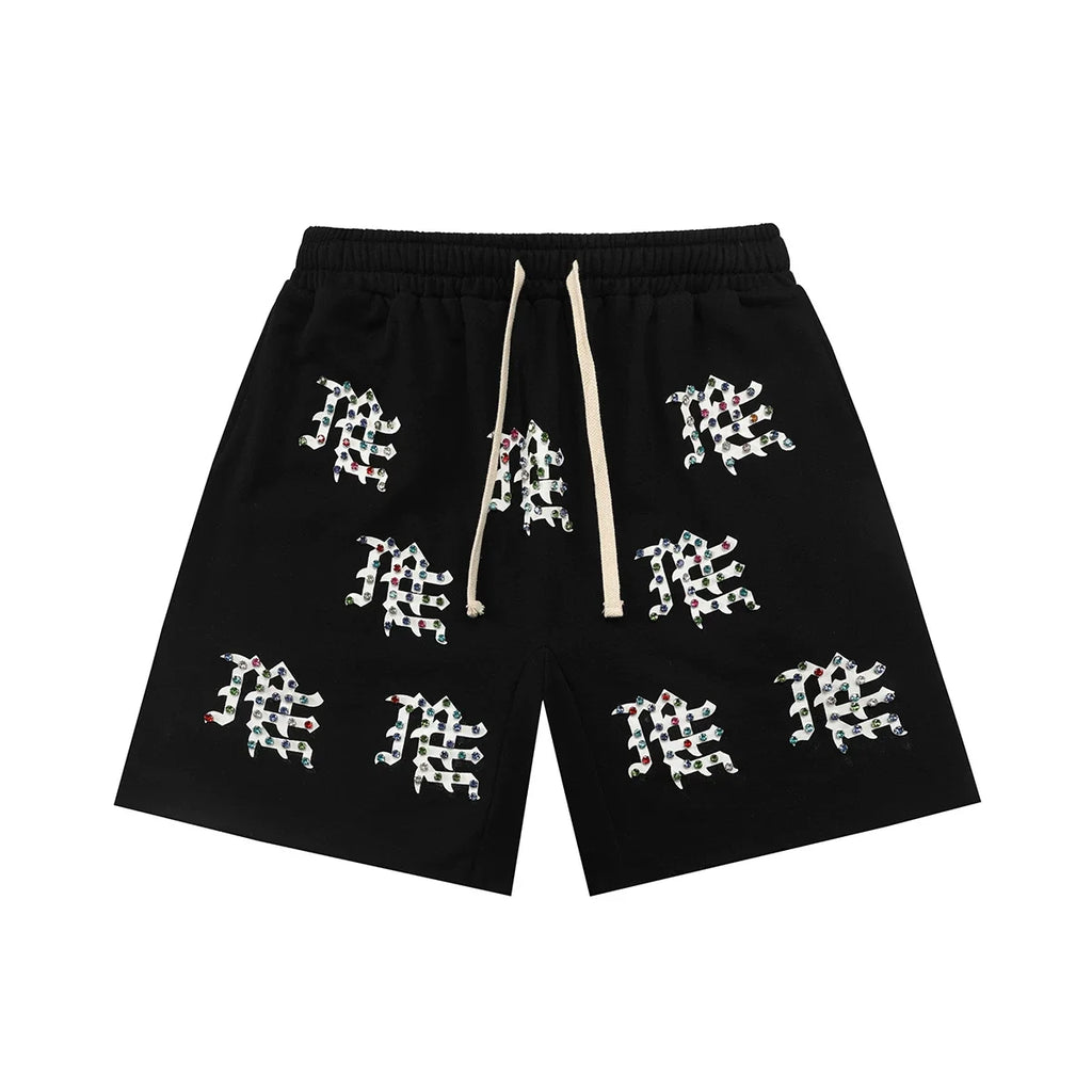 Mixed Emotion Casual Shorts – Rhinestone Gothic Letter Print