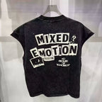 Mixed Emotion Washed Graphic Cut‑Off Sleeveless Tank Top