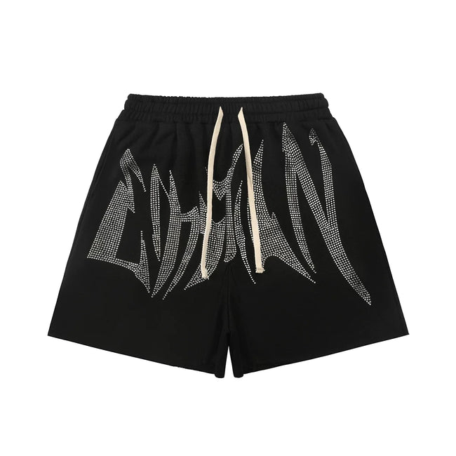 Mixed Emotion Black Shorts – White Rhinestone Art Letter Print Hover Image