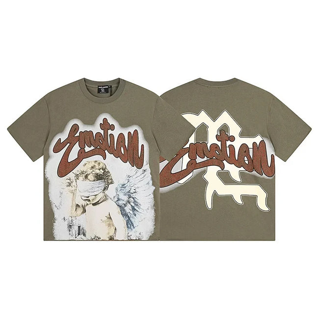 Mixed Emotion Olive Green Tee – Blindfolded Angel Emotion Print Hover Image