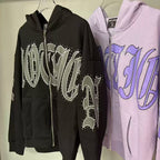 Mixed Emotion Rhinestone Gothic Letter Zip‑Up Hoodie