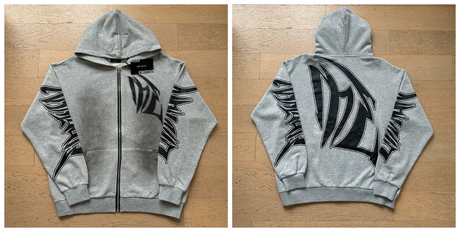 Mixed Emotion Grey Zip Hoodie – Black Art Print Hover Image
