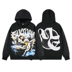 Mixed Emotion Vintage Angel Graphic Rhinestone‑Sleeve Hoodie