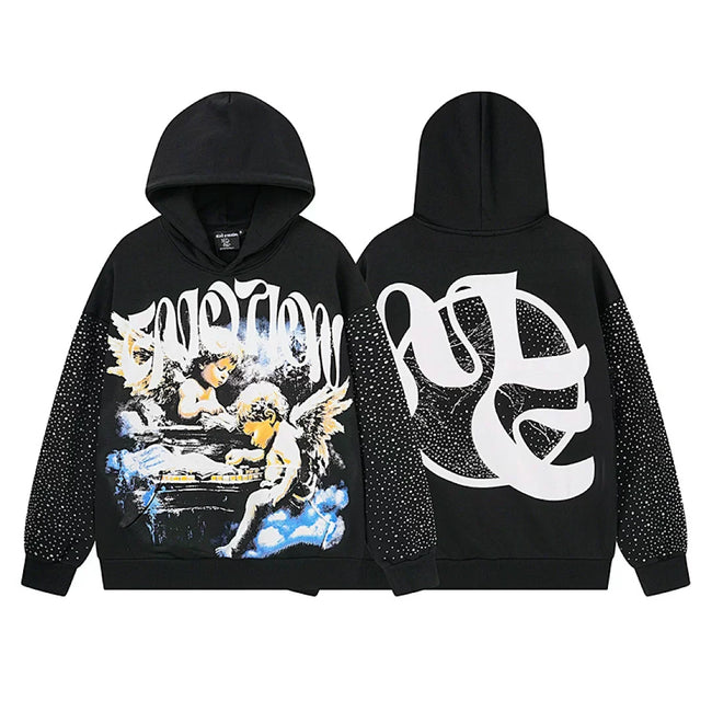 Mixed Emotion Vintage Angel Graphic Rhinestone‑Sleeve Hoodie Hover Image