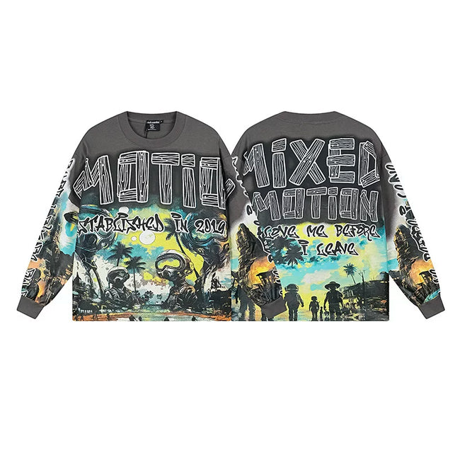 Mixed Emotion Sci‑Fi Beach Front‑Back Print Long‑Sleeve Tee Hover Image
