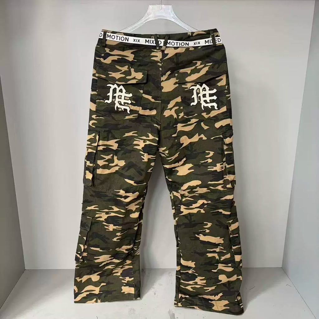 Mixed Emotion Camo Multi‑Pocket Embroidered Cargo Pants