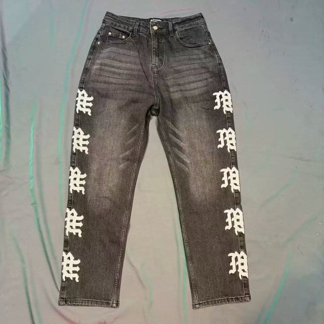 Mixed Emotion White Side‑Embroidered Straight‑Leg Jeans Hover Image