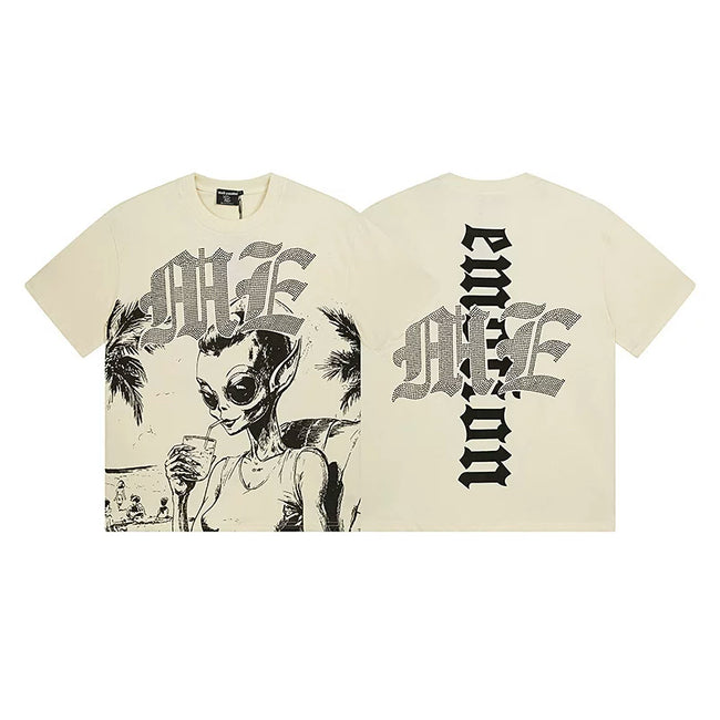 Mixed Emotion Cream Tee – Gothic Cross Alien Woman Print Hover Image