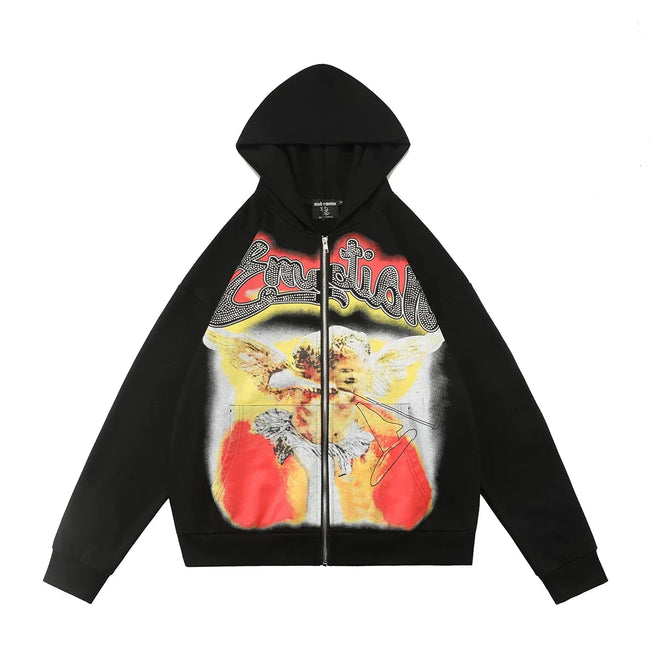 Mixed Emotion Black Zip Hoodie – Worn Angel Rhinestone Emotion Print Hover Image