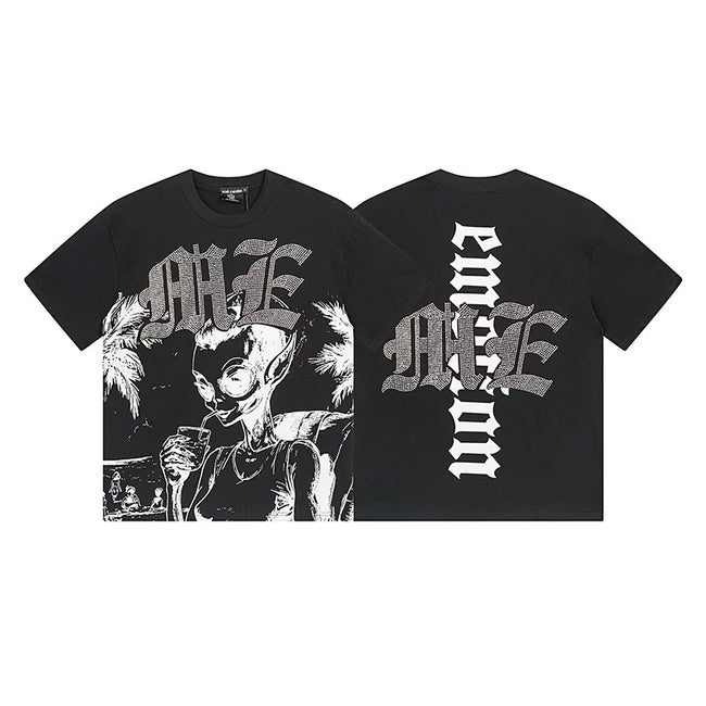 Mixed Emotion Black Tee – Gothic Cross Alien Print Hover Image
