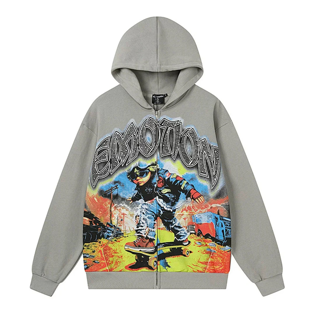 Mixed Emotion Skater Boy Graphic Zip‑Up Hoodie