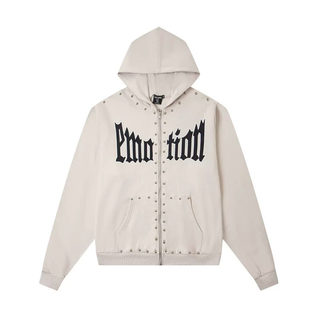 Mixed Emotion Studded Gothic Logo Zip‑Up Hoodie Hover Image