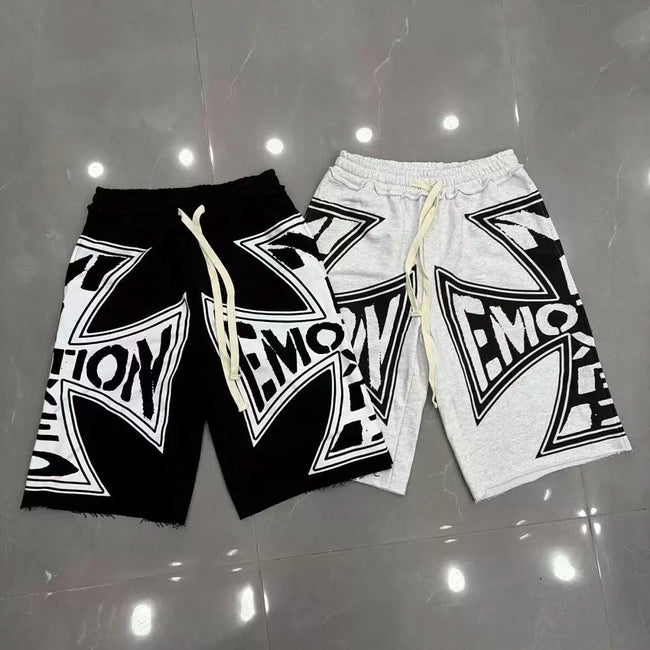 Mixed Emotion Cross Logo Frayed Hem Sweat Shorts Hover Image