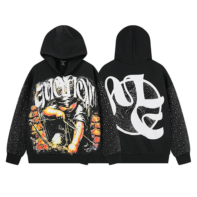 Mixed Emotion Vintage Archer Graphic Rhinestone‑Sleeve Hoodie Hover Image