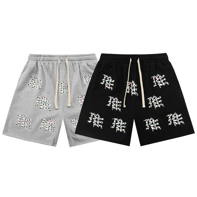 Mixed Emotion Casual Shorts – Rhinestone Gothic Letter Print Hover Image