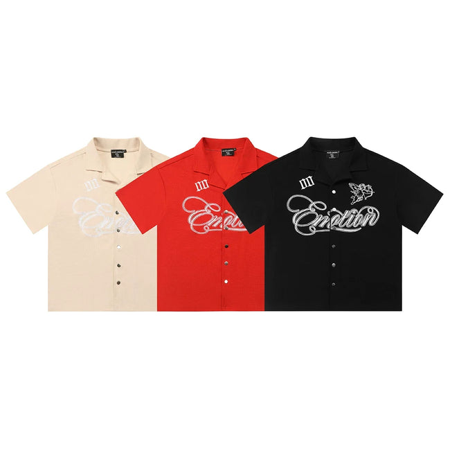 Mixed Emotion Short Sleeve Shirt – White Embroidered Emotion Print Hover Image