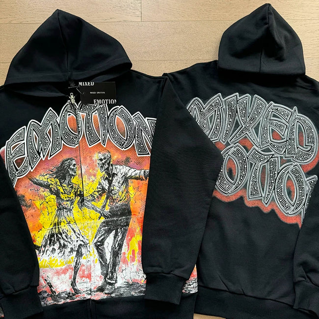Mixed Emotion Skeleton Graphic Zip‑Up Hoodie Sweatpants Set Main Image