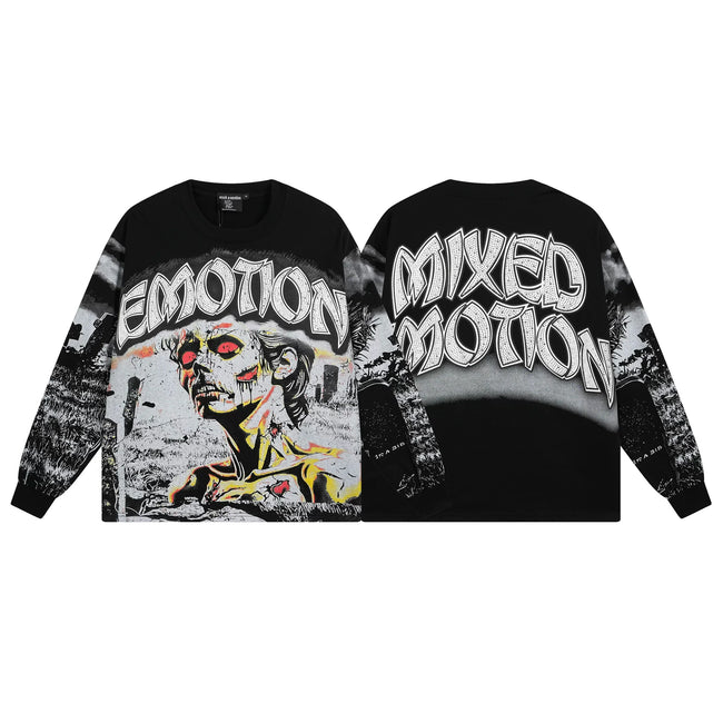 Mixed Emotion Zombie Graveyard Front‑Back Print Long‑Sleeve Tee Hover Image