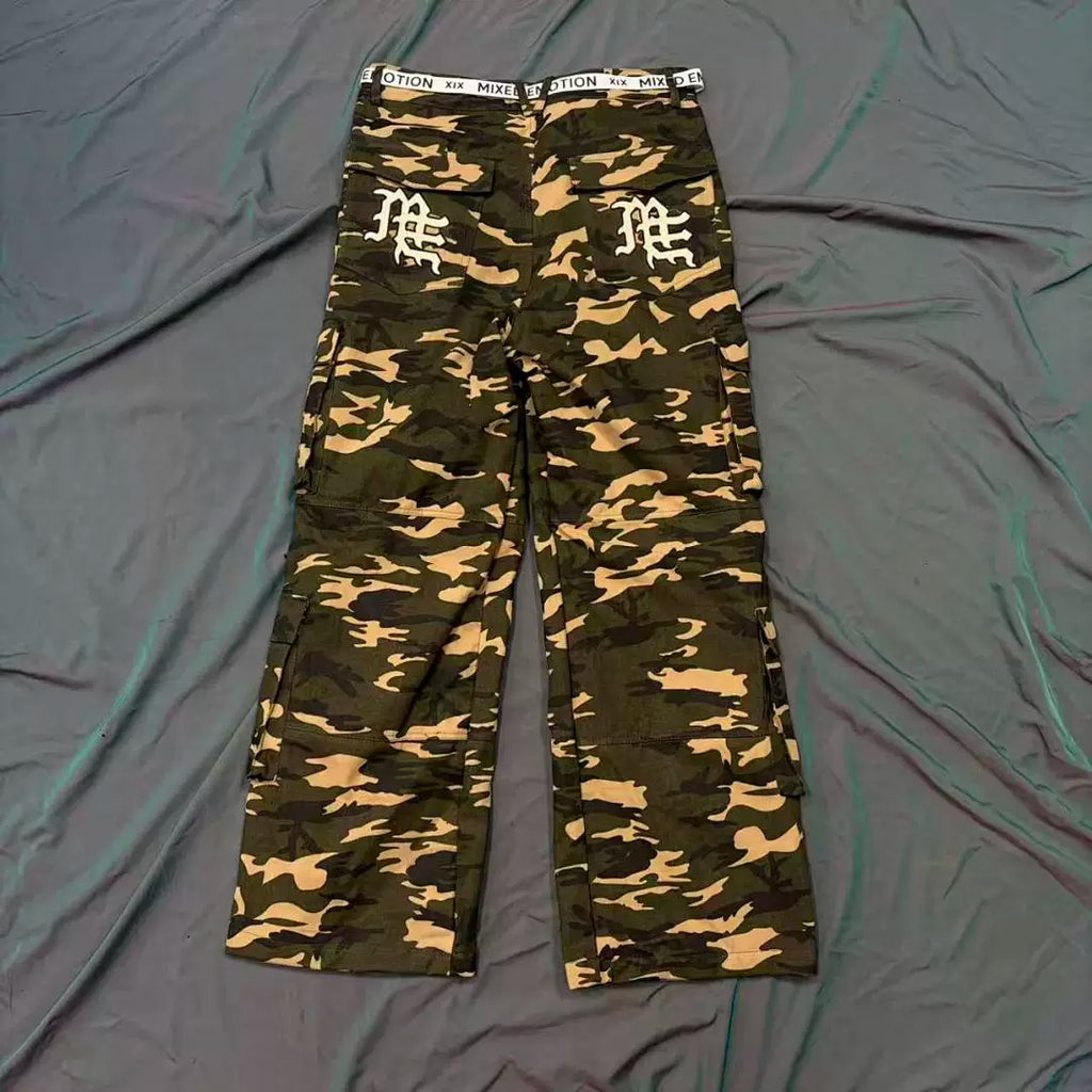 Mixed Emotion Camo Multi‑Pocket Embroidered Cargo Pants
