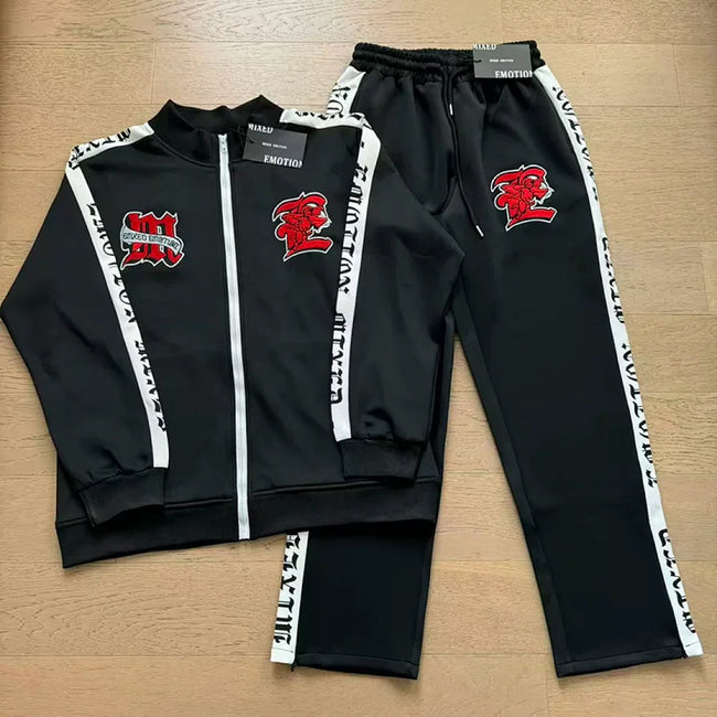 Mixed Emotion Embroidered Logo Zip‑Up Tracksuit Set Hover Image