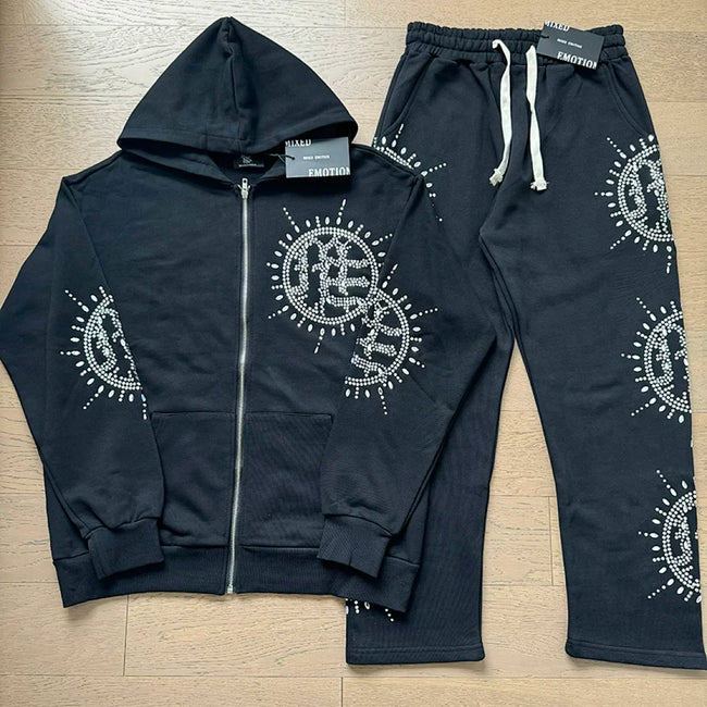 Mixed Emotion Rhinestone Sun Logo Zip‑Up Hoodie Tracksuit Set Hover Image