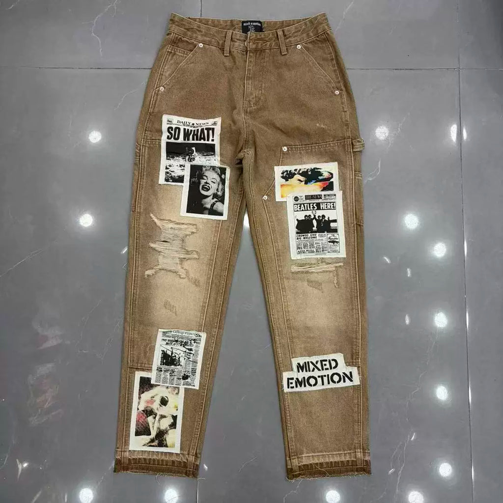 Mixed Emotion Newspaper Patchwork Flare Cargo Jeans