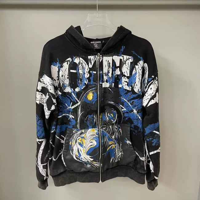 Mixed Emotion Black Zip Hoodie – Blue Yellow Graffiti Portrait Print Hover Image