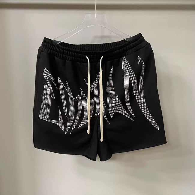 Mixed Emotion Black Shorts – White Rhinestone Art Letter Print Main Image