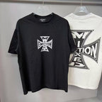 Mixed Emotion Cross Logo Distressed Short Sleeve T‑Shirt