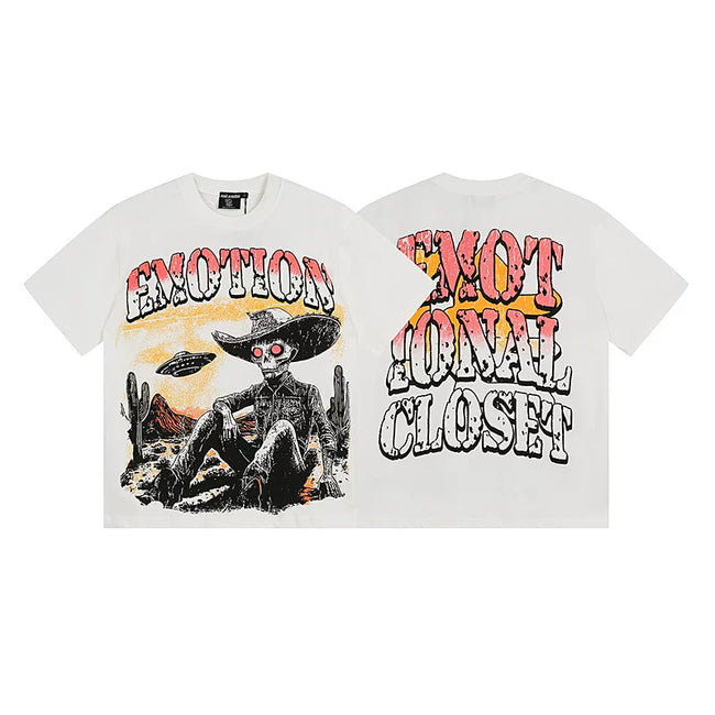 Mixed Emotion White Tee – Western Skull Cowboy Print Hover Image