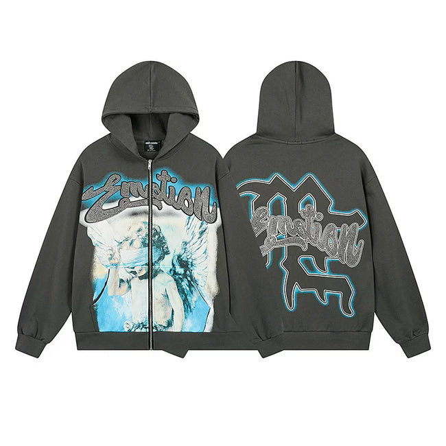 Mixed Emotion Dark Grey Zip Hoodie – Emotion Angel Blue Outline Print Hover Image