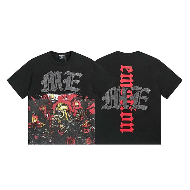 Mixed Emotion Black Tee – Red Gothic Cross Cthulhu Print Hover Image